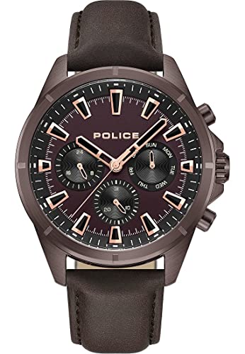 Police Męski analogowy zegarek kwarcowy ze skórzanym paskiem PEWJF0005802, brązowy, Pasek