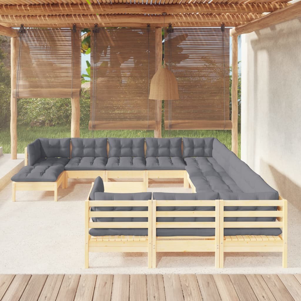 vidaXL 13-cz. zestaw wypoczynkowy do ogrodu, szare poduszki, sosnowy