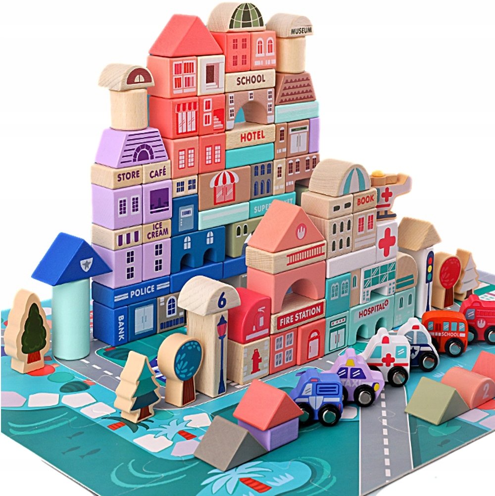 Drewniane Klocki Miasto Auta Puzzle Zestaw 115 El