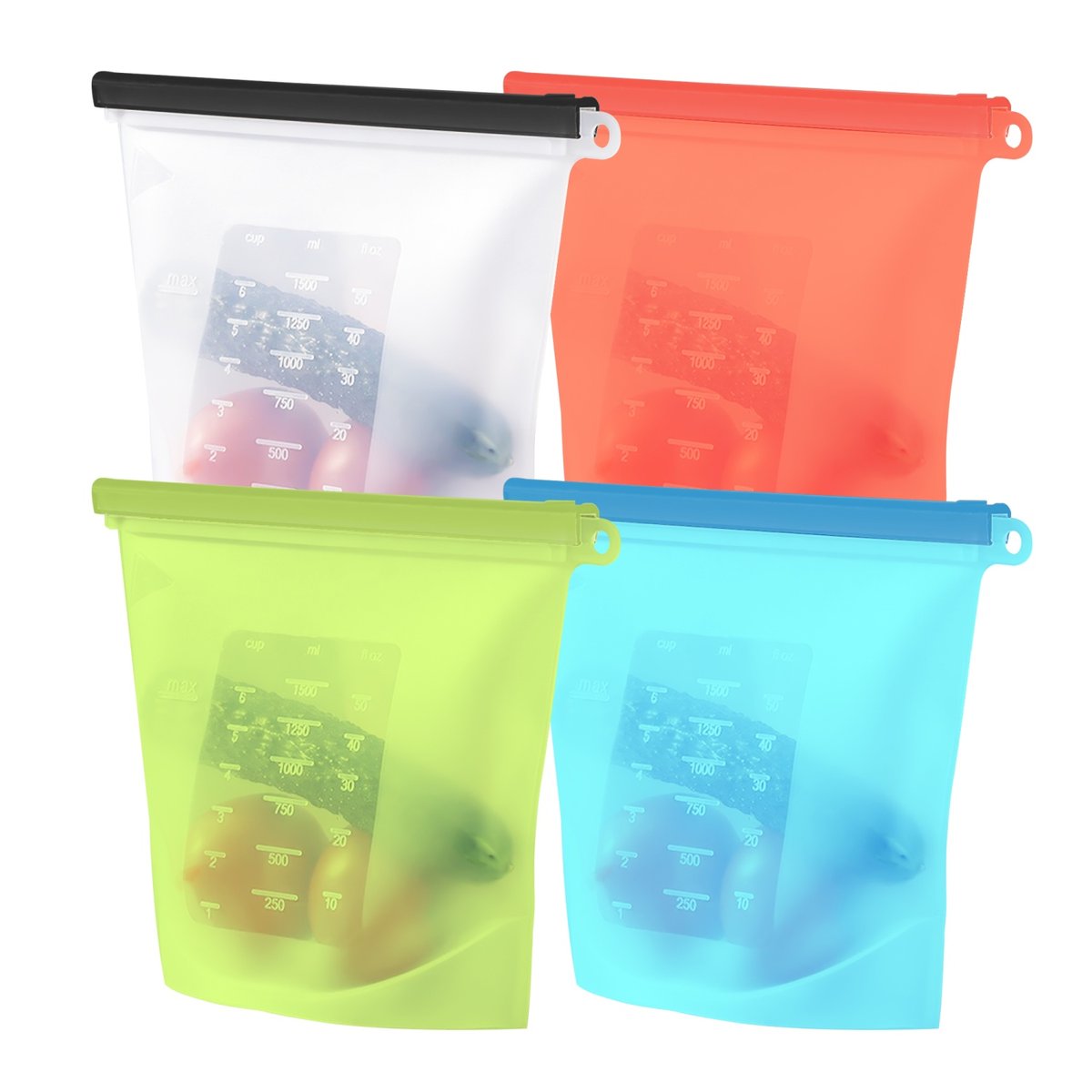 Zestaw 4 silikonowych woreczków na żywność wielokrotnego użytku o pojemności 1L w kilku kolorach - Utrzymuje żywność dłużej świeżą