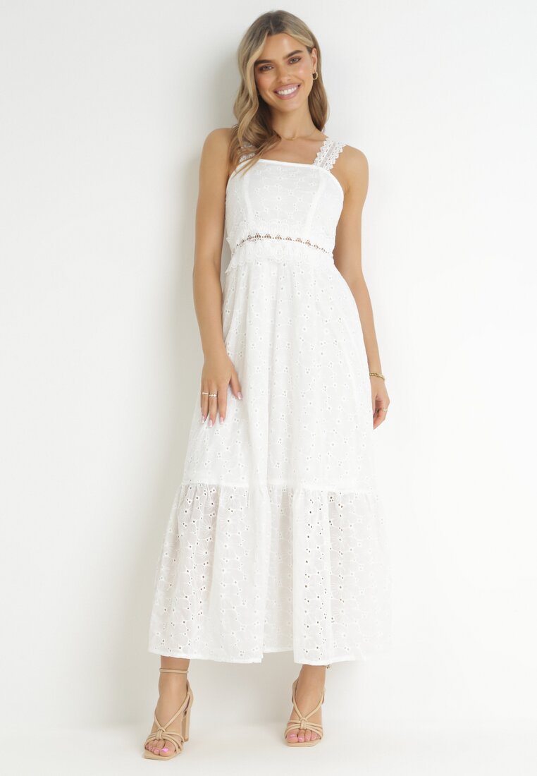 Biała Rozkloszowana Sukienka Maxi z Haftowanej Tkaniny z Koronką Undine