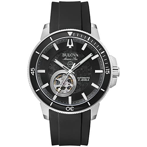 Bulova Męski analogowy zegarek automatyczny z silikonową bransoletką 96A288, srebrny/czarny, Pasek