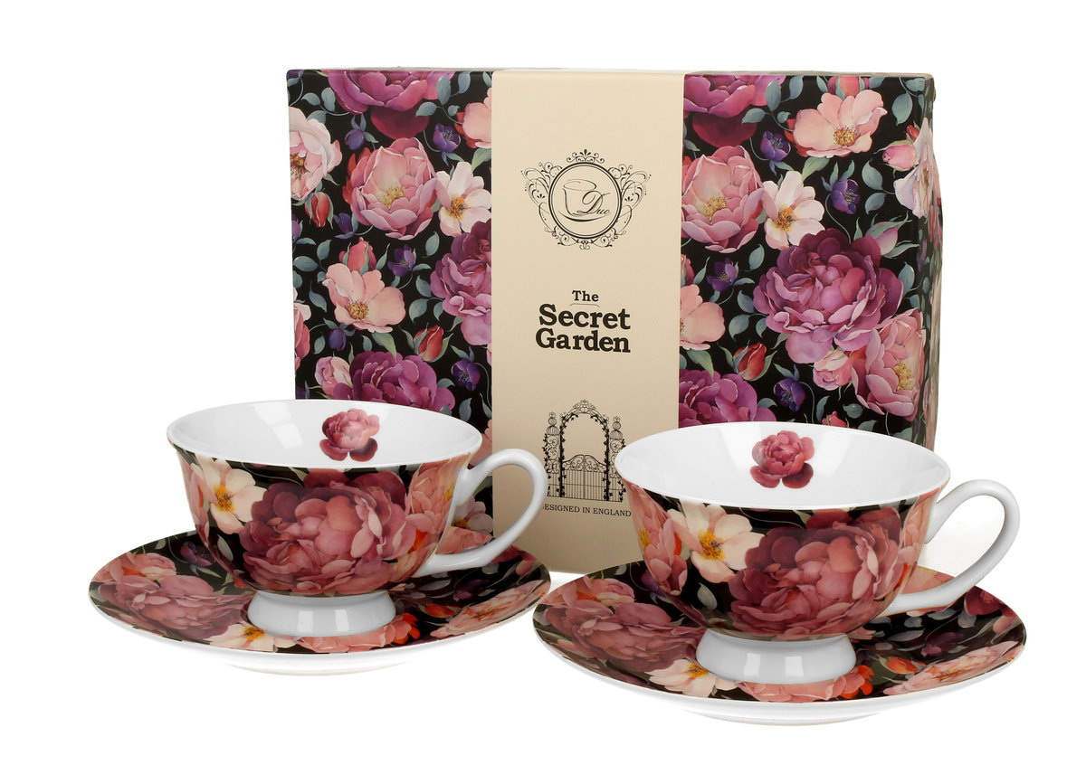 Filiżanki do kawy i herbaty porcelanowe ze spodkami DUO royal SPRING ROSES BLACK 250 ml 2 szt