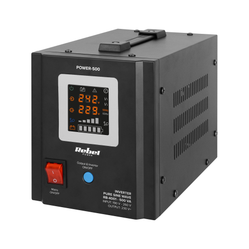 Zasilacz Awaryjny Rebel POWER-500 - przetwornica z czystym przebiegiem sinusoidalnym i funkcją ładowania 12V 230V 500VA/300W