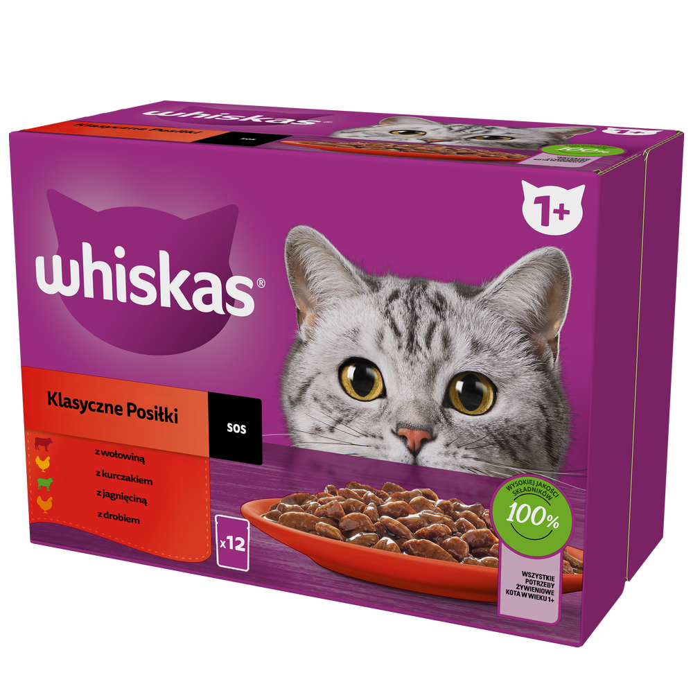 WHISKAS Adult saszetki 12 x 85 g Klasyczne Posiłki - mokra karma dla dorosłego kota, w sosie (kawałki z: wołowiną, kurczakiem, jagnięciną, drobiem)