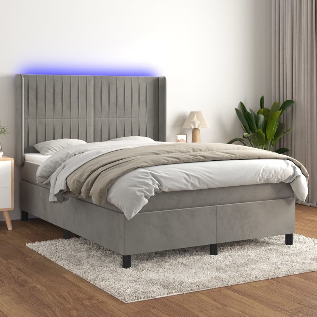 Lumarko Łóżko kontynentalne z materacem i LED  szare 140x200cm  aksamit