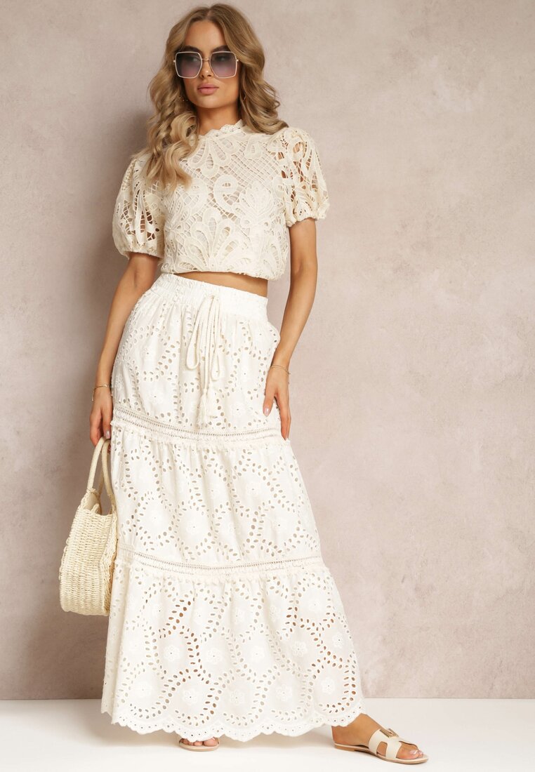 Beżowa Haftowana Spódnica z Gumką w Pasie i Falbanką Lileia