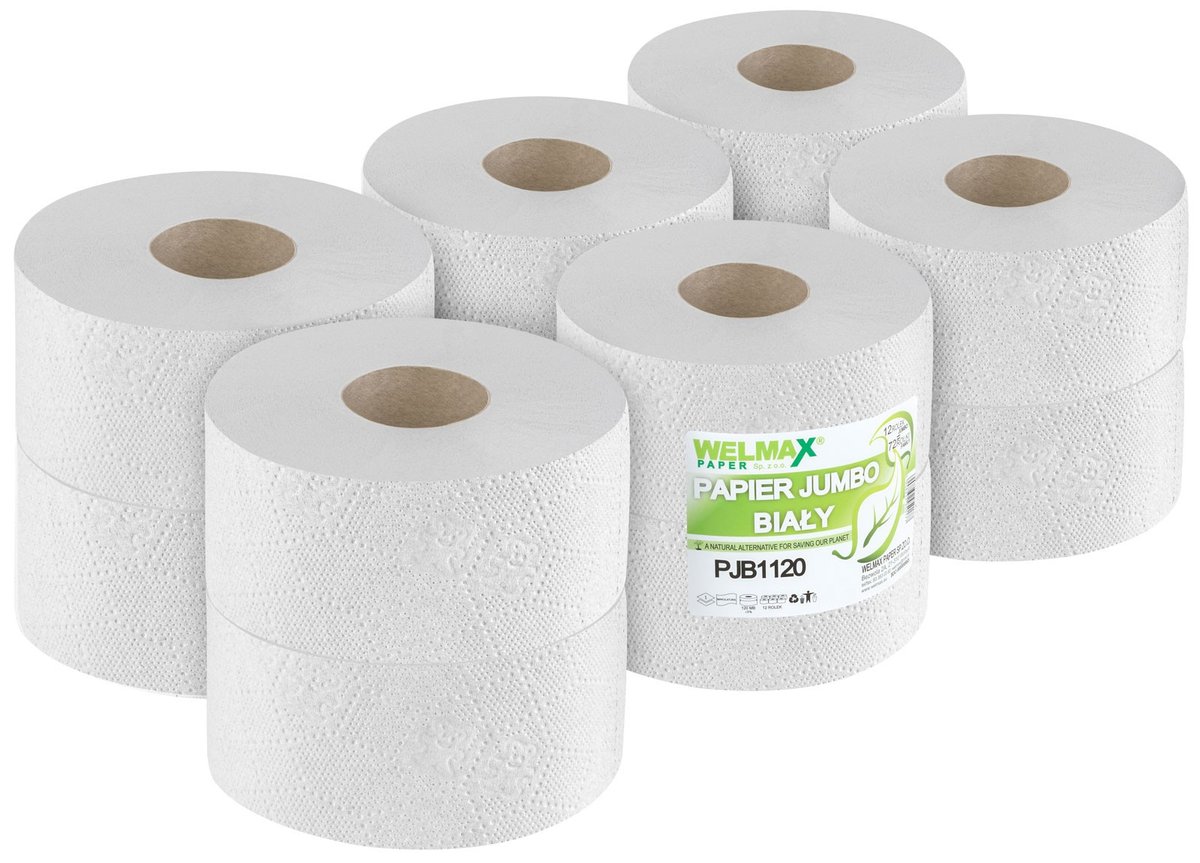 Papier toaletowy makulaturowy jumbo WELMAX 1W BIAŁY 120MB 12szt.