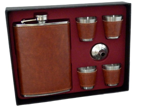 Piersiówka Obszyta Brązową Skórą z Kieliszkami