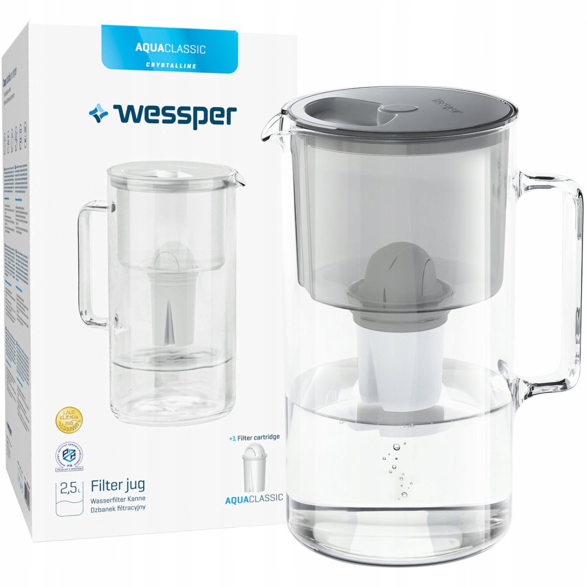 Dzbanek Szklany Wessper Aquaclassic Szary + Filtr