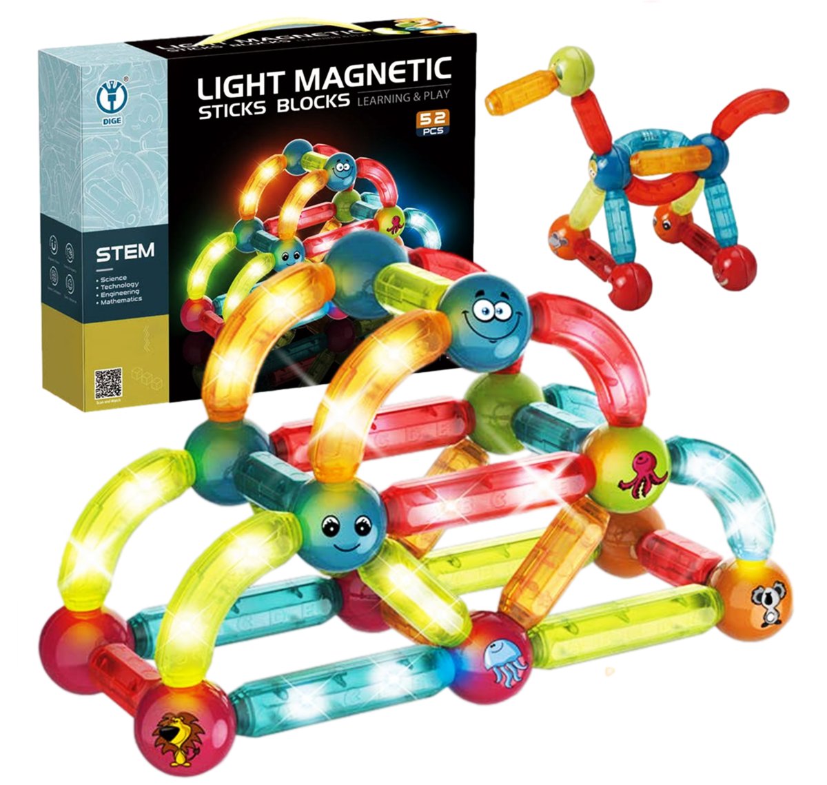 Duże klocki magnetyczne, patyczki, kulki, Sticks świecące.