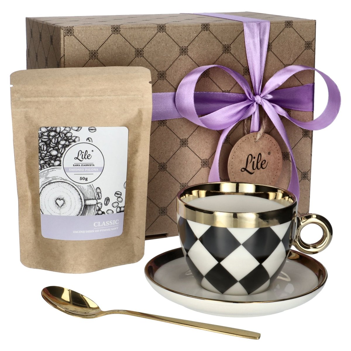 Filiżanka ze spodkiem, łyżeczką i kawą 195 ml Lile Domino LI-075G