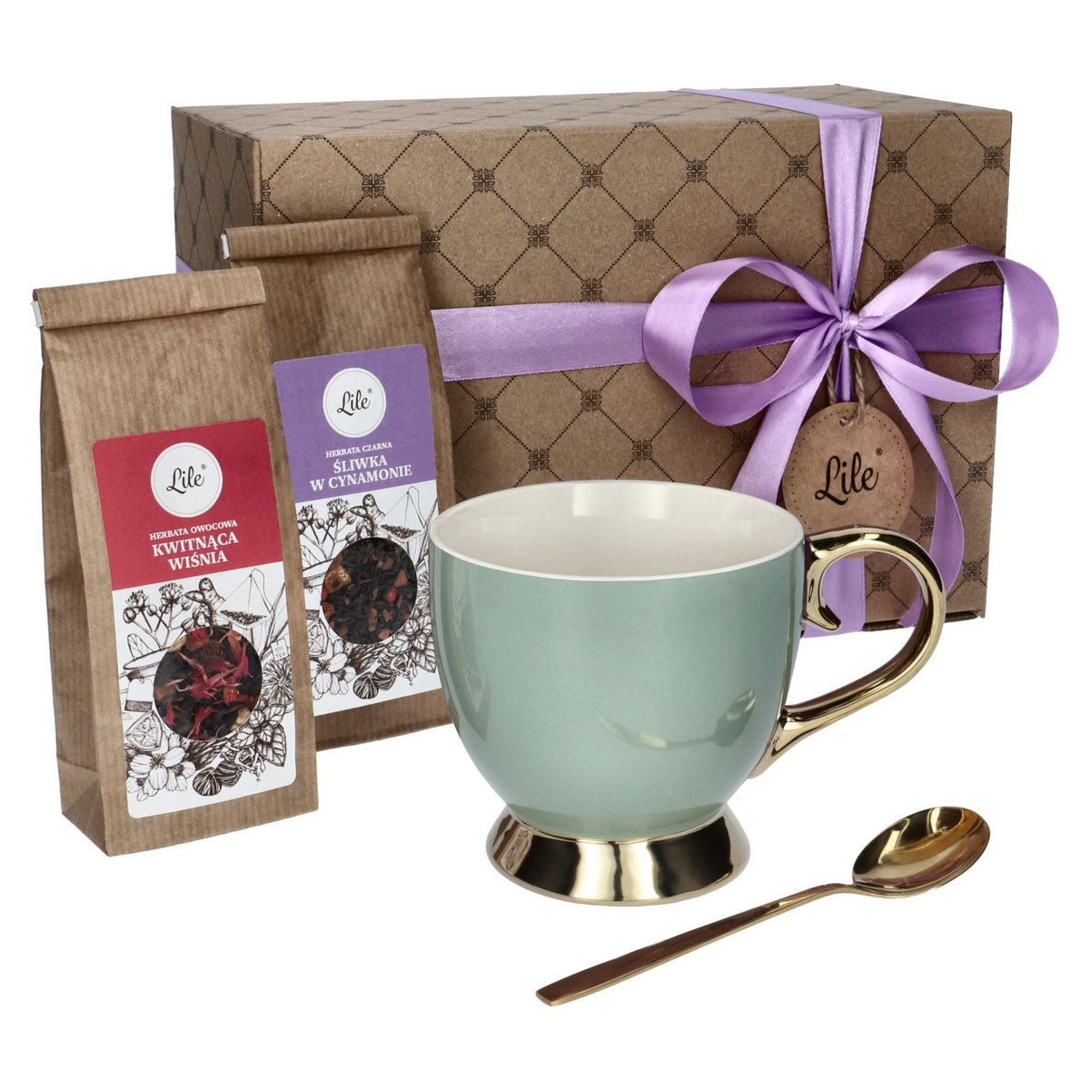 Filiżanka porcelanowa z łyżeczką i herbatą Śliwka w Cynamonie + Kwitnąca Wiśnia odcienie zieleni Lile Paeonia LI-084G