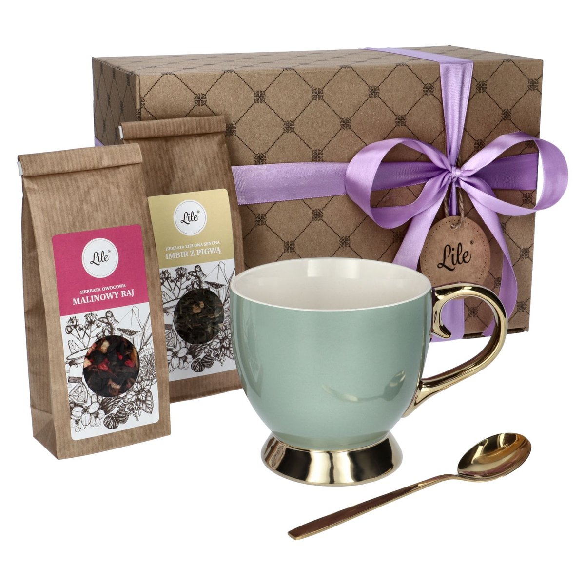 Filiżanka porcelanowa z łyżeczką i herbatą Imbir z Pigwą + Malinowy Raj odcienie zieleni Lile Paeonia LI-084G