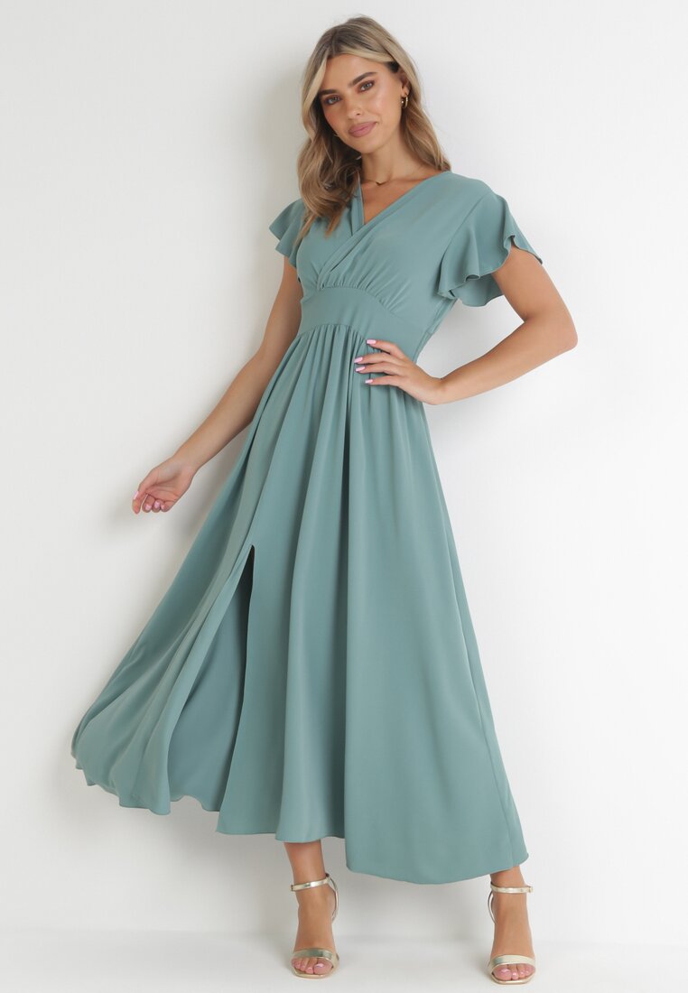 Miętowa Rozkloszowana Sukienka z Kopertowym Dekoltem Hanriette