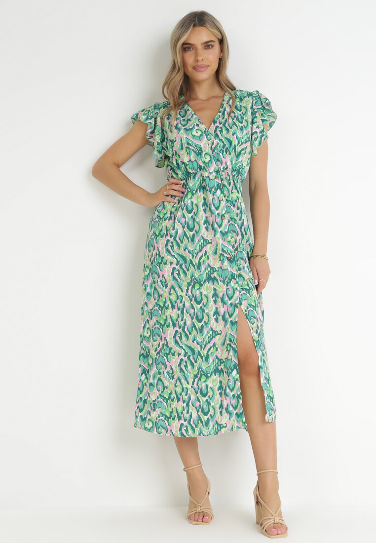 Zielona Kopertowa Sukienka Maxi z Falbanką i Gumką w Pasie Ahni