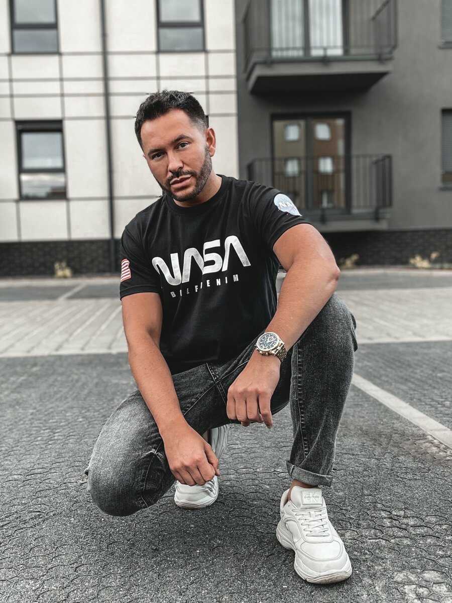 Czarny bawełniany t-shirt męski z nadrukiem Bolf 14401A