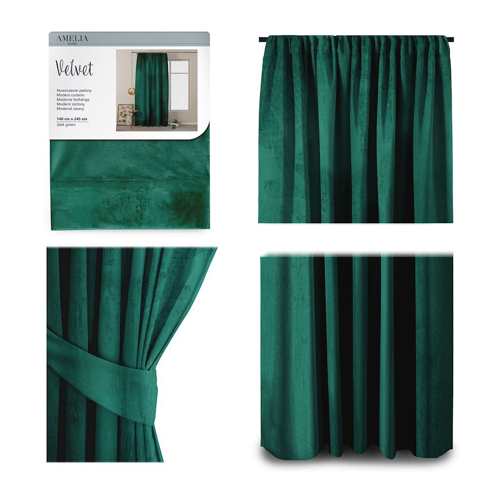 AmeliaHome Zasłona Velvet na taśmie 140X245 1szt. Zieleń