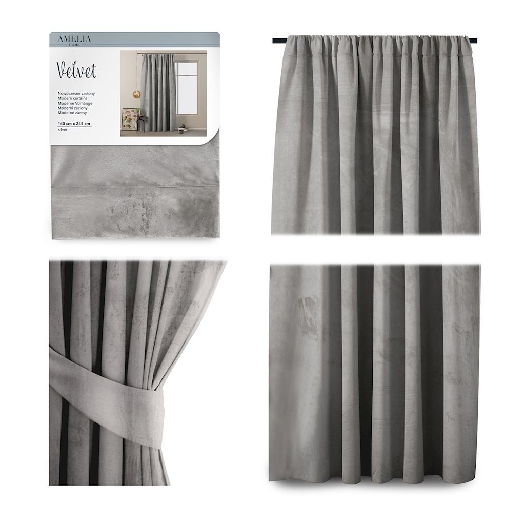 AmeliaHome Zasłona Velvet na taśmie 140X245 1szt. Srebrny