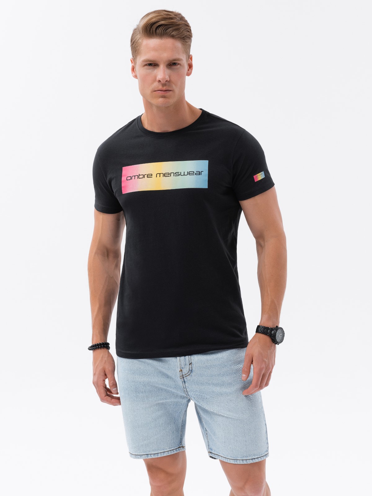 T-shirt męski bawełniany z nadrukiem - czarny V1 S1750