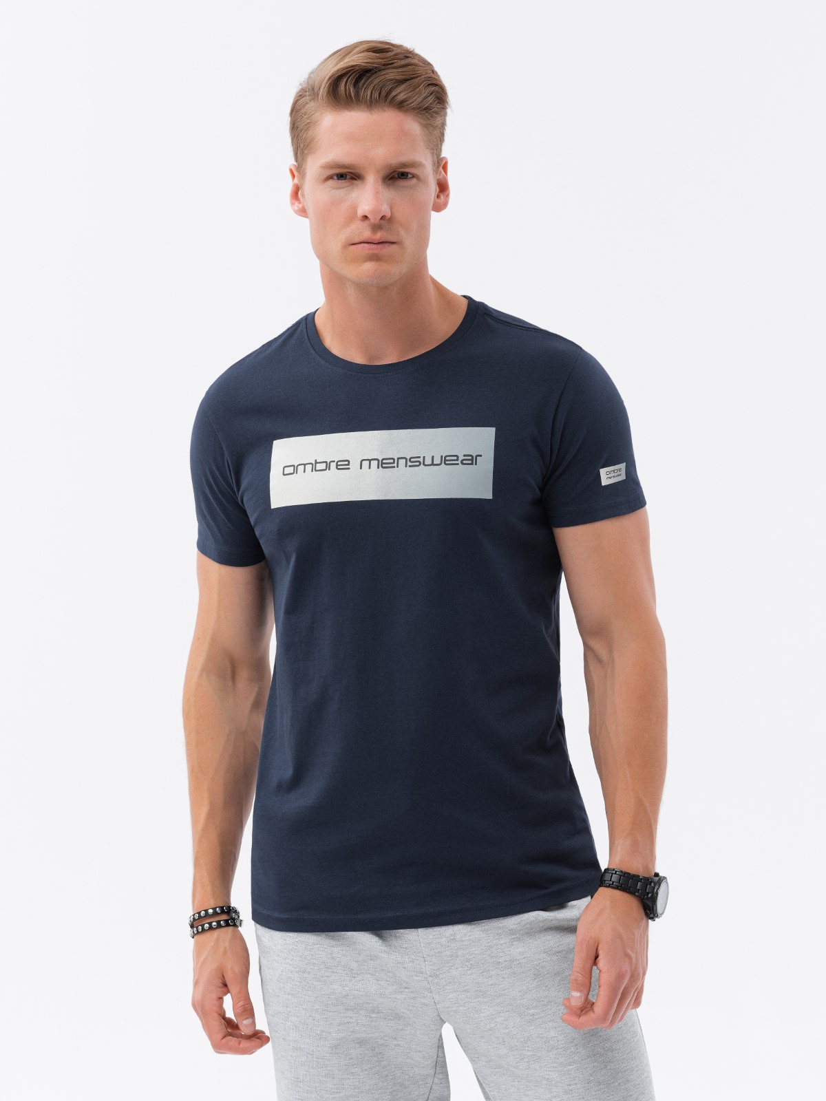 T-shirt męski bawełniany z nadrukiem - granatowy V3 S1751