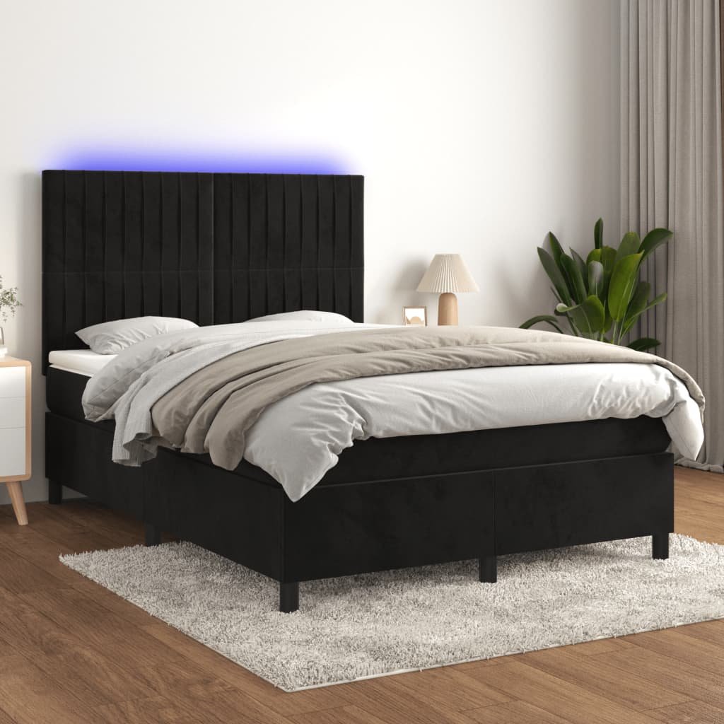 Łóżko kontynentalne z materacem i LED, czarny aksamit 140x190cm Lumarko!