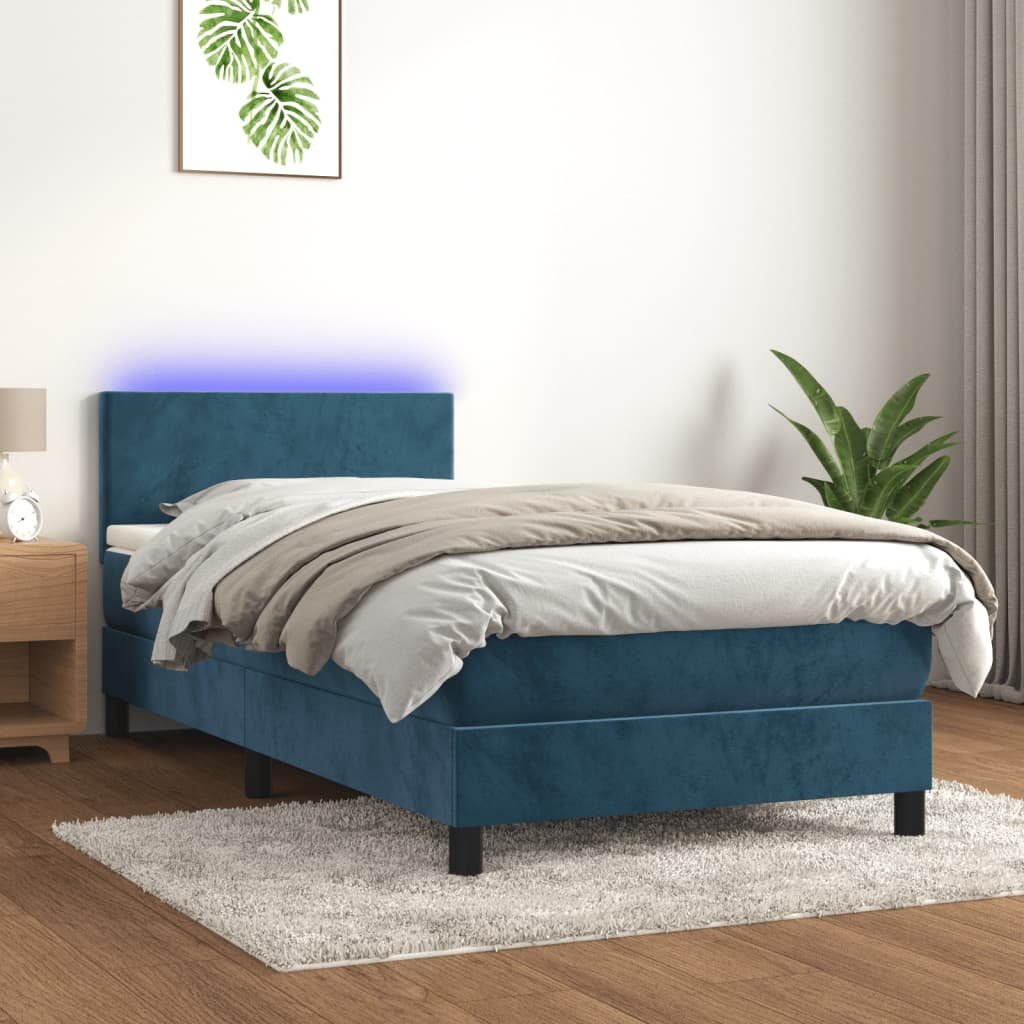 Lumarko Łóżko kontynentalne, materac i LED, niebieski aksamit 100x200cm