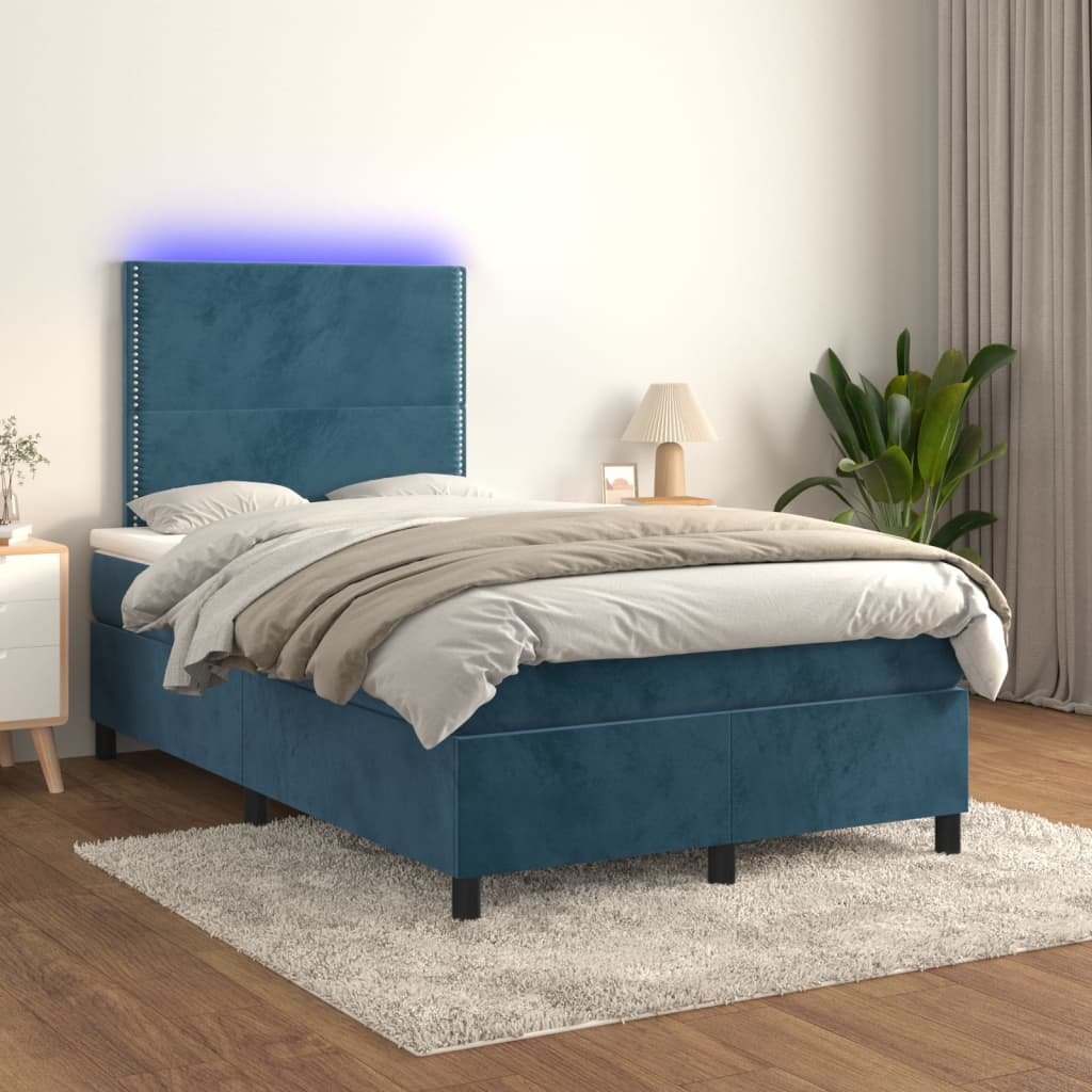 Lumarko Łóżko kontynentalne, materac i LED, niebieski aksamit 120x200cm