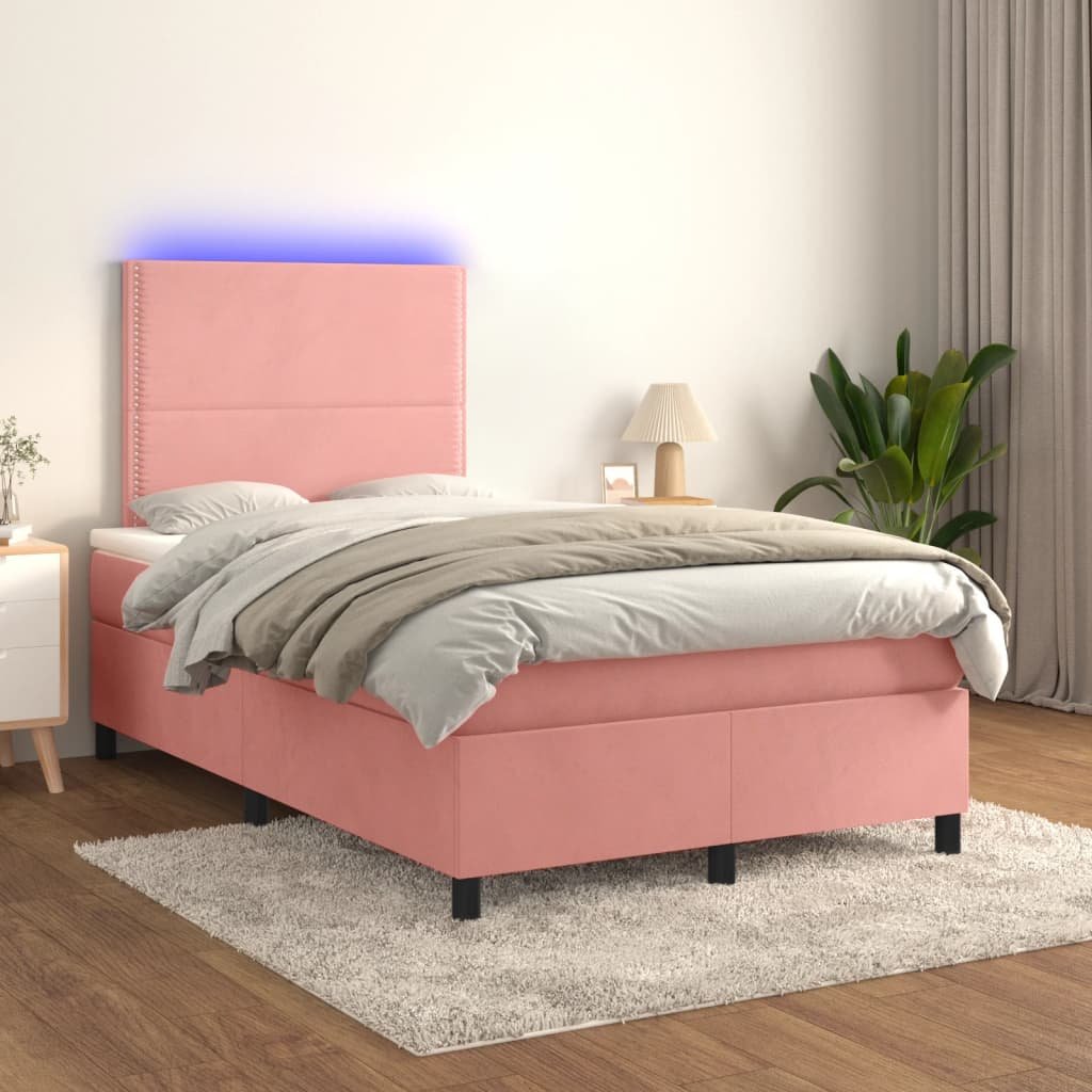 Lumarko Łóżko kontynentalne z materacem i LED, różowy aksamit 120x200cm
