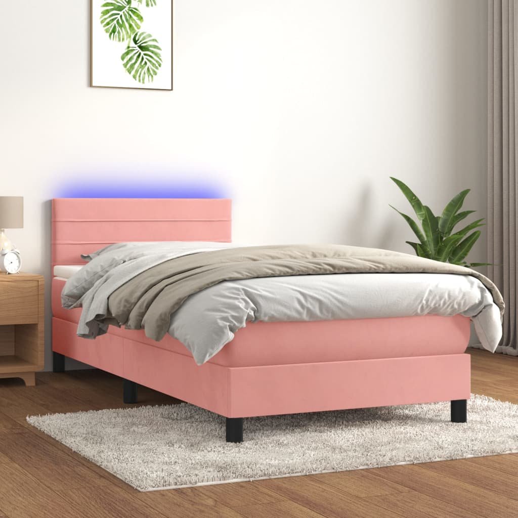 Łóżko kontynentalne z materacem i LED, różowy aksamit 100x200cm Lumarko!