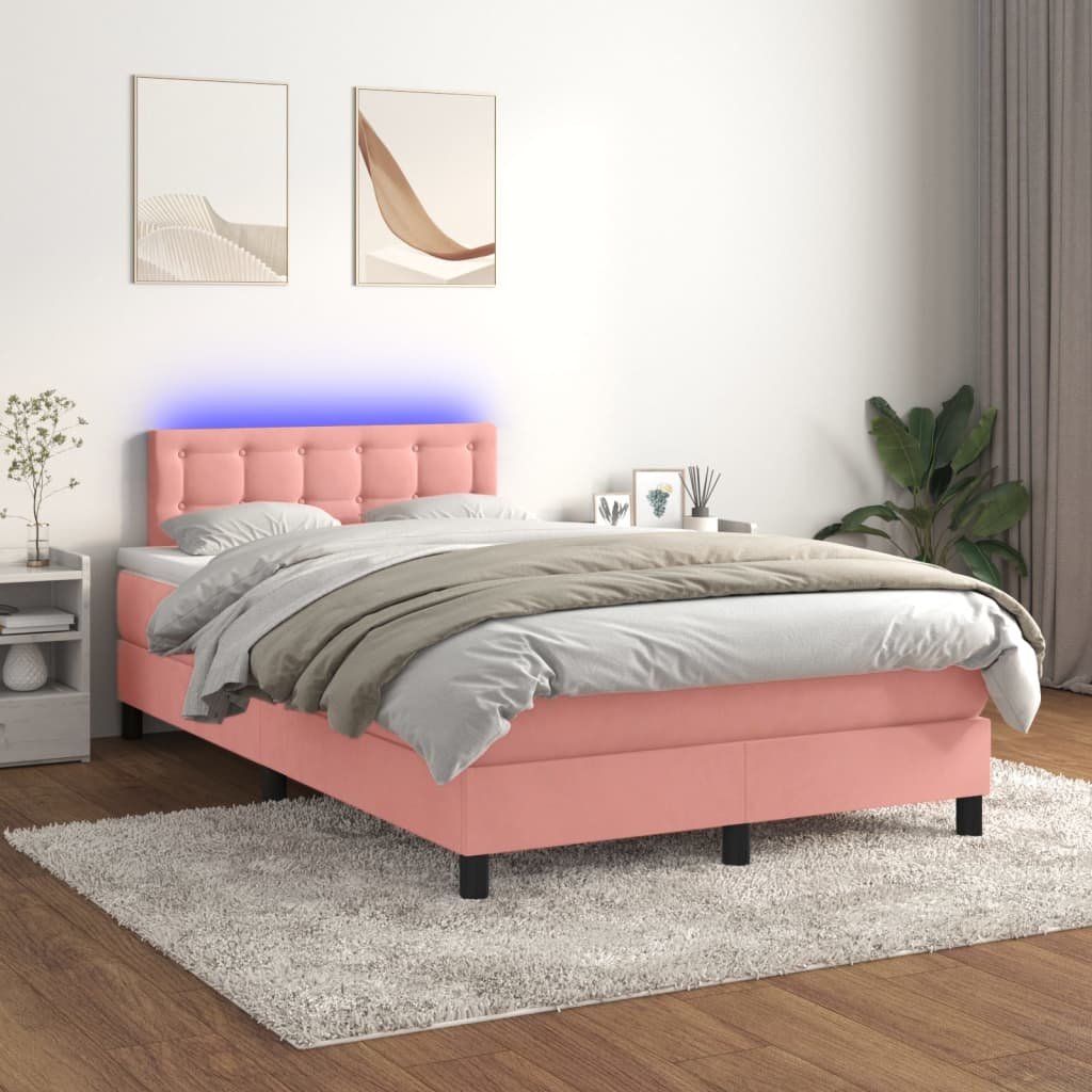 Lumarko Łóżko kontynentalne z materacem i LED, różowy aksamit 120x200cm