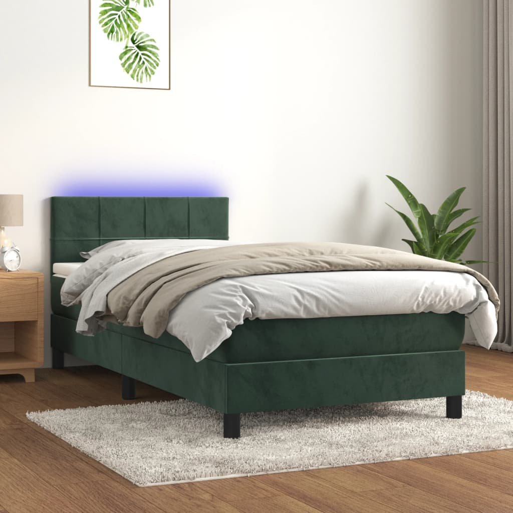 Lumarko Łóżko kontynentalne z materacem i LED zielony aksamit 100x200cm