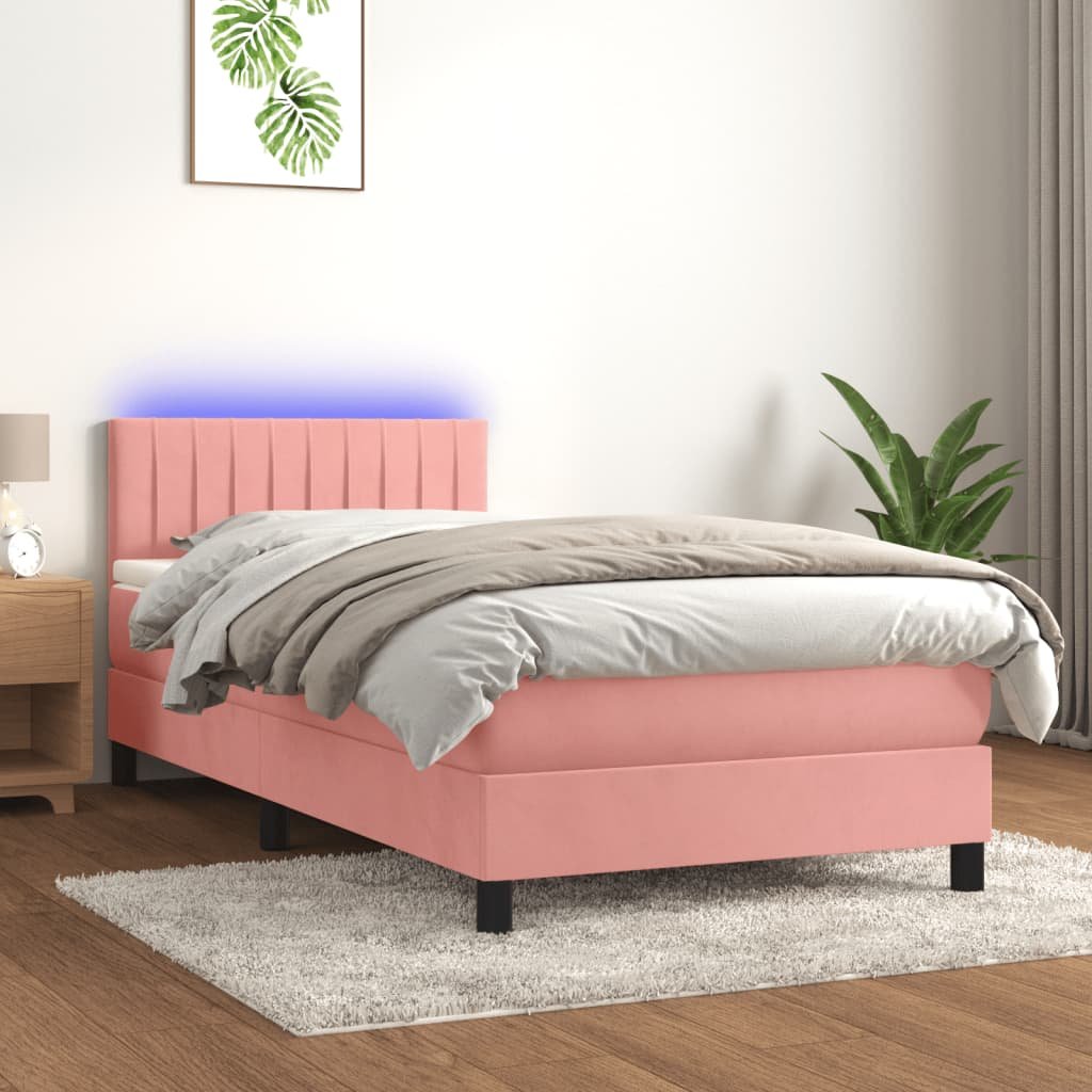 Łóżko kontynentalne z materacem i LED, różowy aksamit 80x200 cm Lumarko