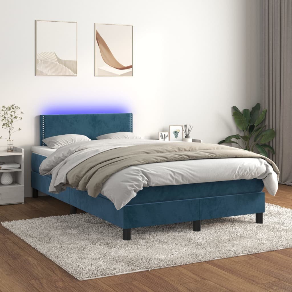 Łóżko kontynentalne, materac i LED, niebieski aksamit 120x200cm Lumarko