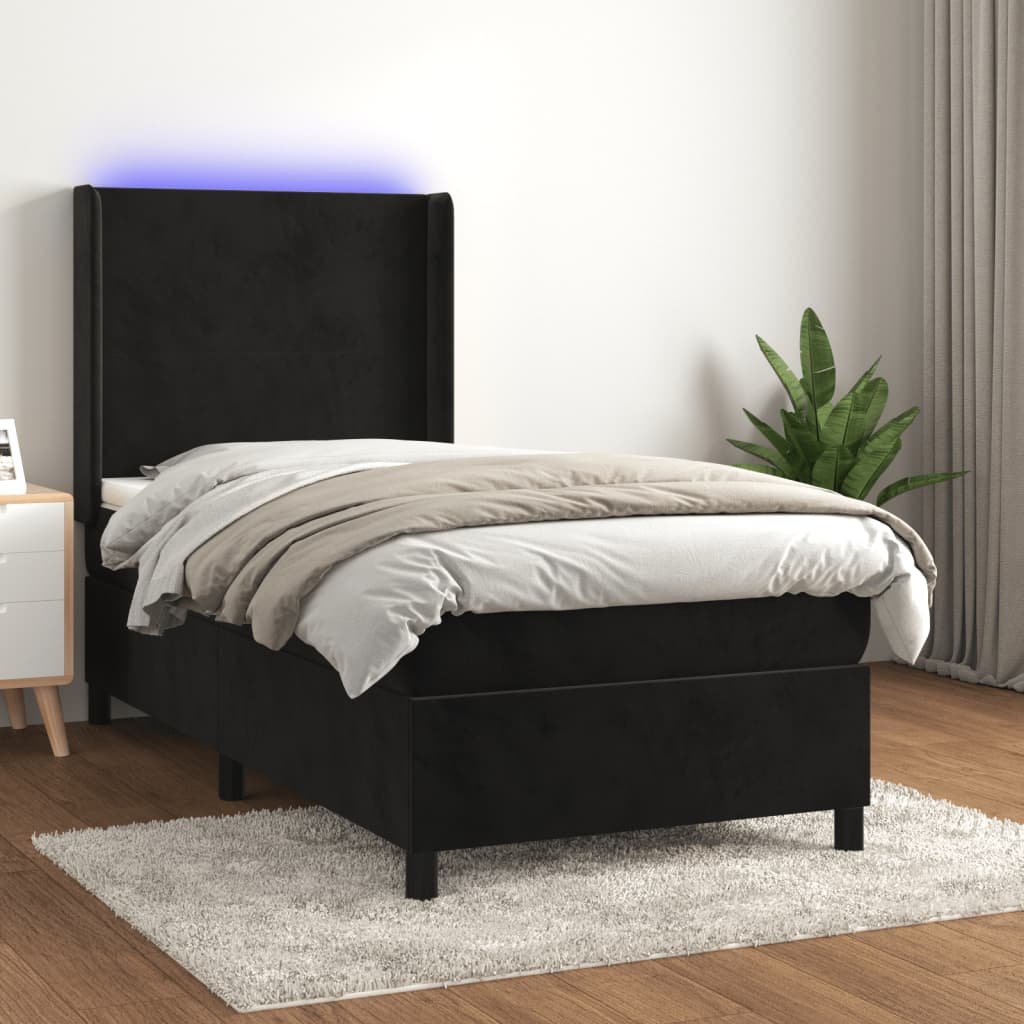 vidaXL Łóżko kontynentalne z materacem i LED, czarny aksamit 90x190 cm