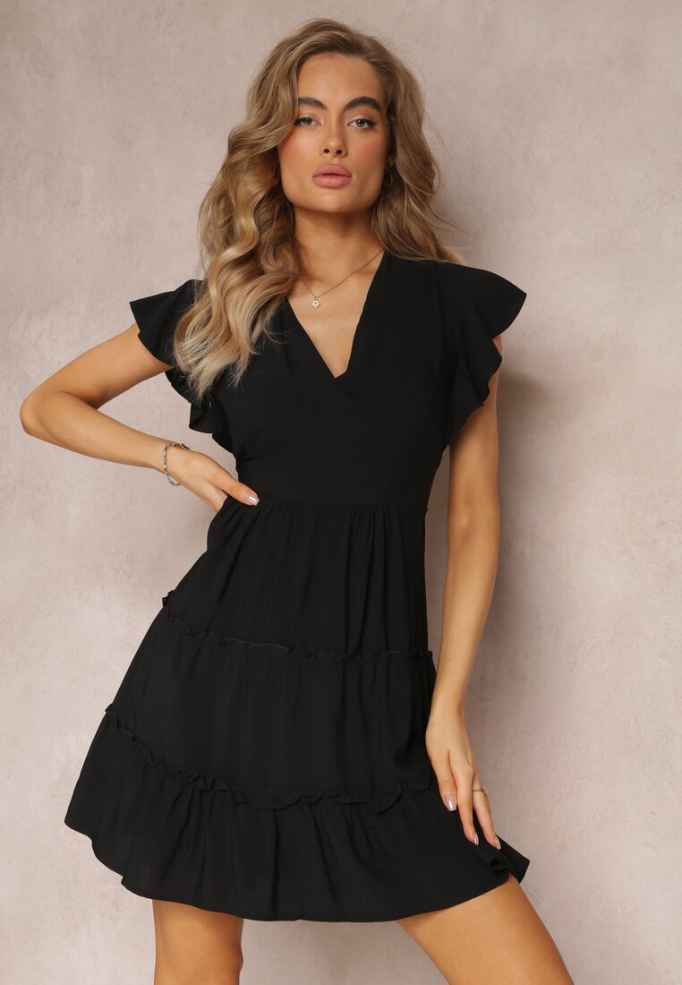 Czarna Taliowana Sukienka Mini Ozdobiona Falbankami Salleni