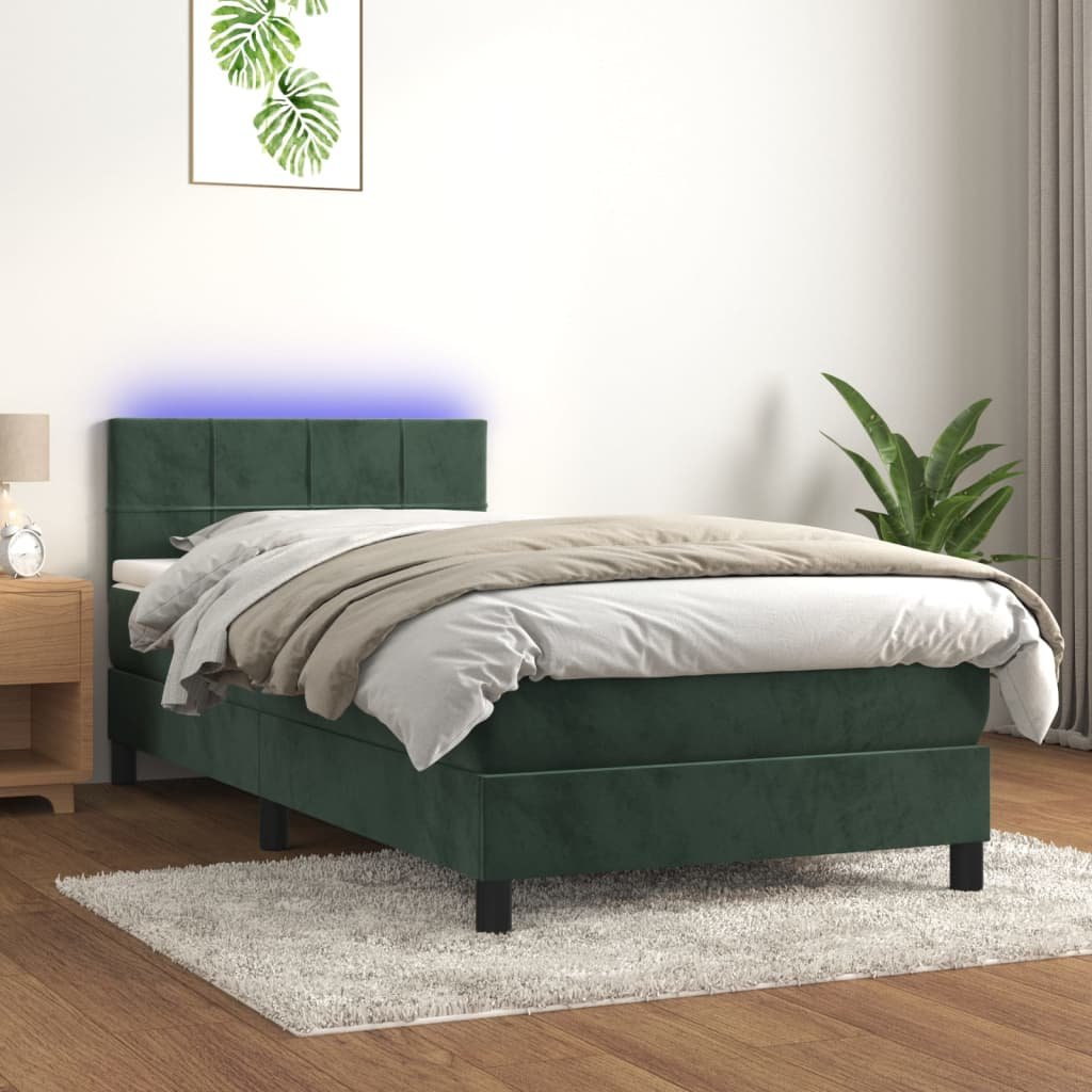 Lumarko Łóżko kontynentalne z materacem i LED zielony aksamit 90x200 cm