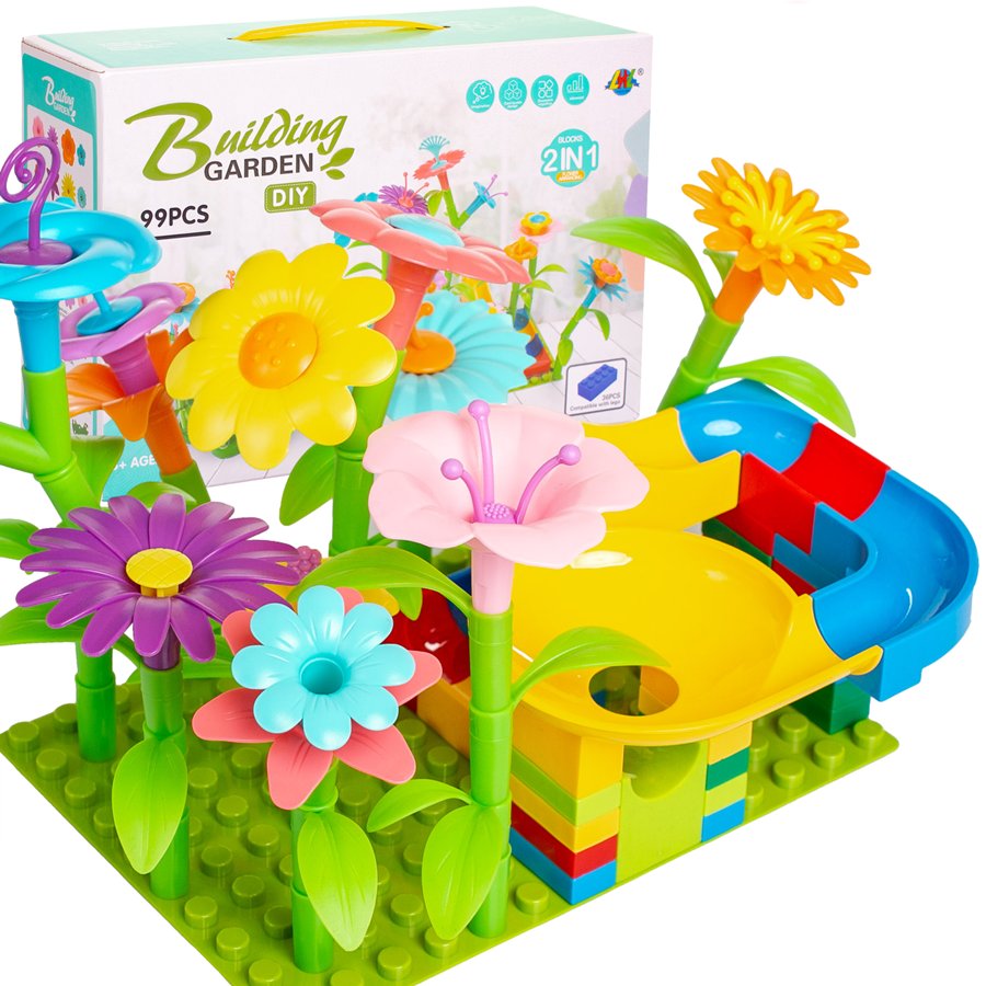 Klocki kwiaty, kreatywny zestaw do robienia kwiatów, klocki konstrukcujne ogród + tor kulkowy, kulodrom , 99 elementów.