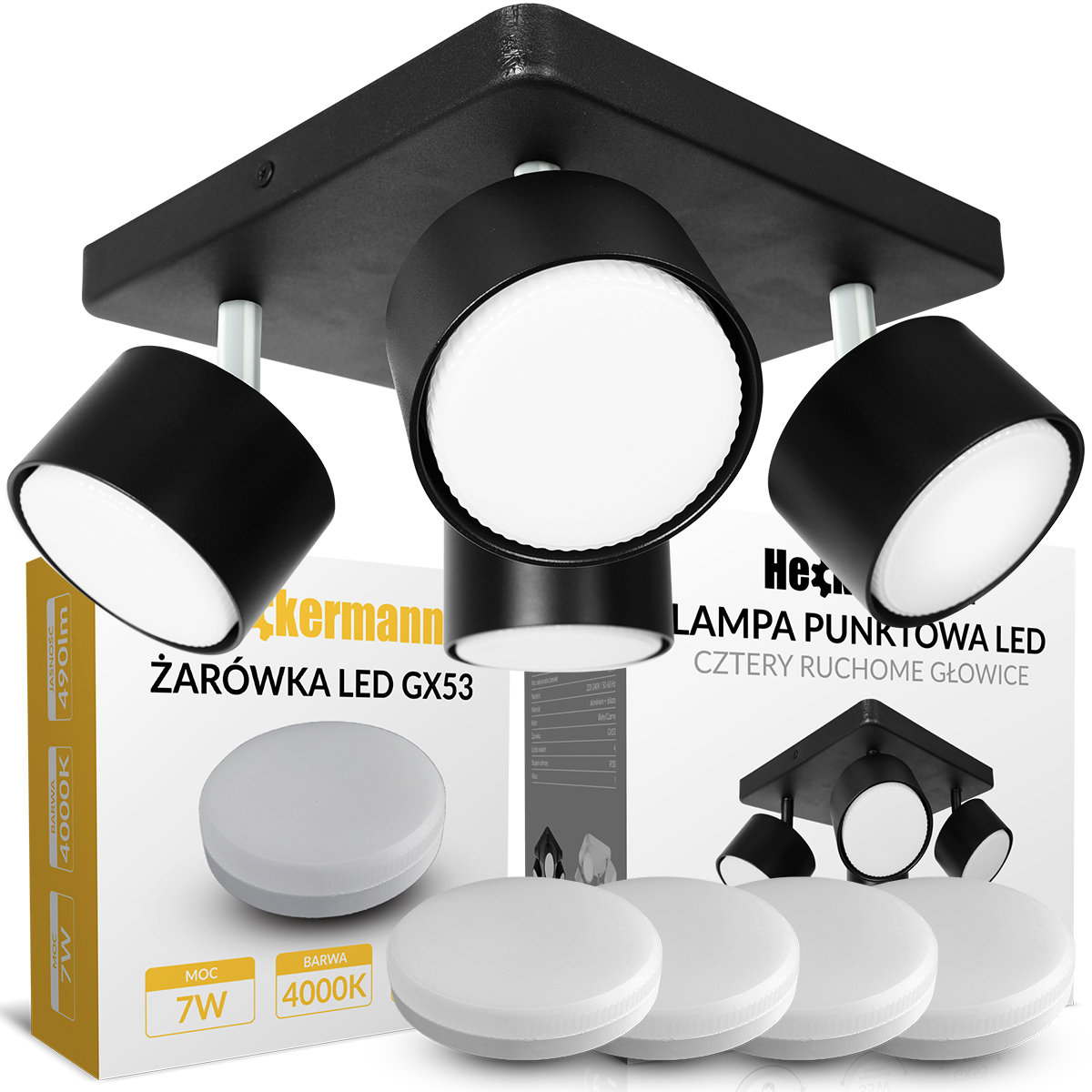 Zestaw Lampa punktowa LED Heckermann 8795318A Czarna 4x głowica + 4x Żarówka LED Heckermann GX53 7W Neutral