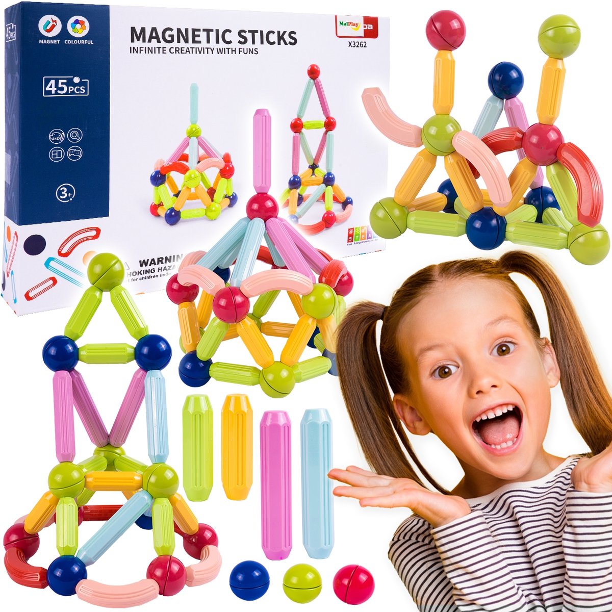 Klocki Magnetyczne Edukacyjne Konstrukcyjne 45 elementów