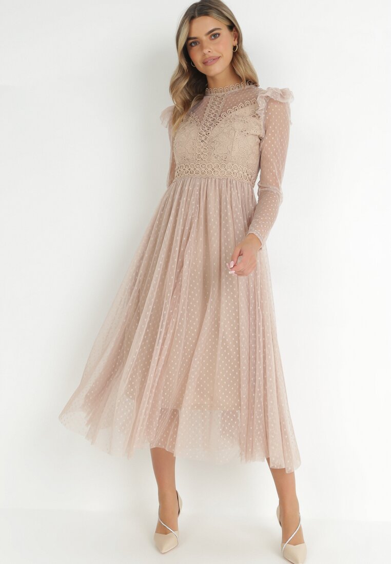 Beżowa Sukienka z Koronką i Tiulem Nemila