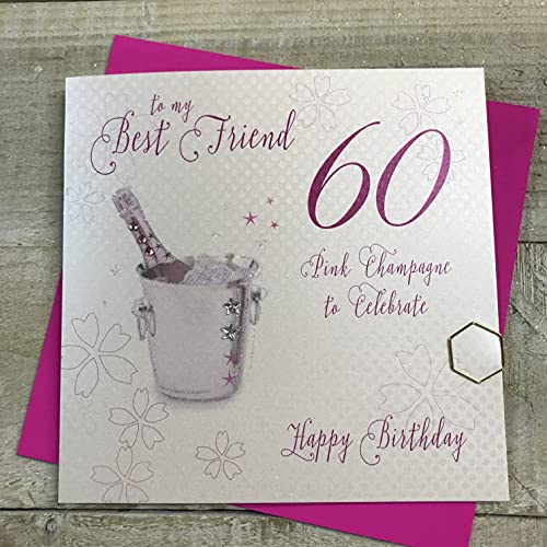 białe bawełniane kartki różowy szampański, najlepszy przyjaciel 60 świętować Happy Handmade 60-te urodziny, biała, WBA60P-BF