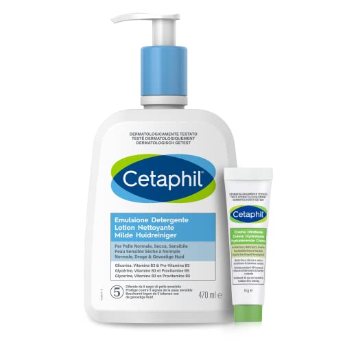 Cetaphil Emulsja Oczyszczająca twarz i ciało, dla skóry normalnej, wrażliwej, suchej i nietolerancyjnej, Nawilża do 4 dni, bez perfum, rozmiar 470 ml + Travel Size Krem nawilżający 14g