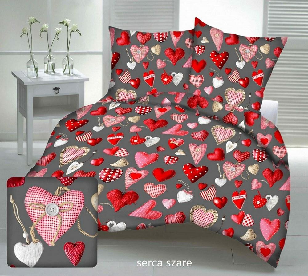 Karo Pościel z kory 140x200 walentynkowa serca szara ciemna czerwona 100% bawełna na guziki MKO-2333317