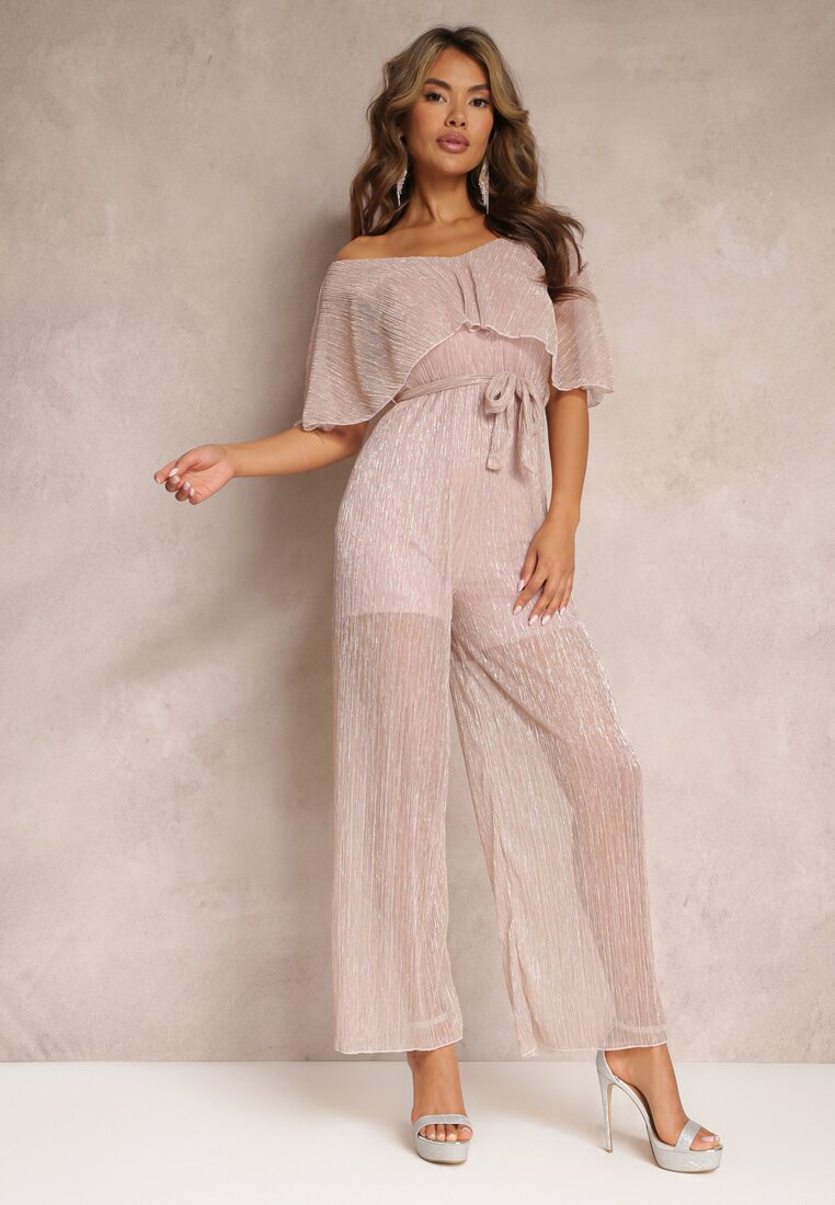 Różowy Kombinezon z Szerokimi Nogawkami i Ozdobną Narzutką Phedia