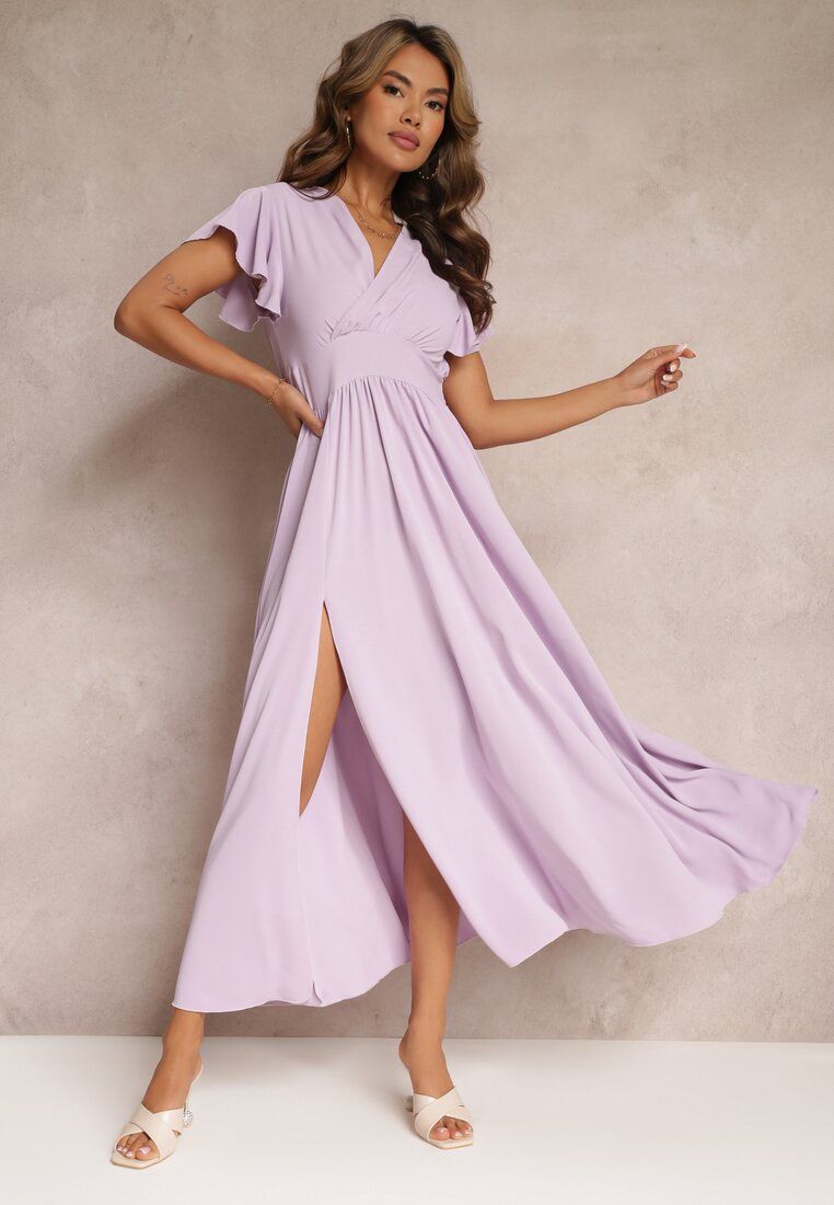 Fioletowa Sukienka Rozkloszowana z Rozcięciem i Kopertowym Dekoltem Jozlyn