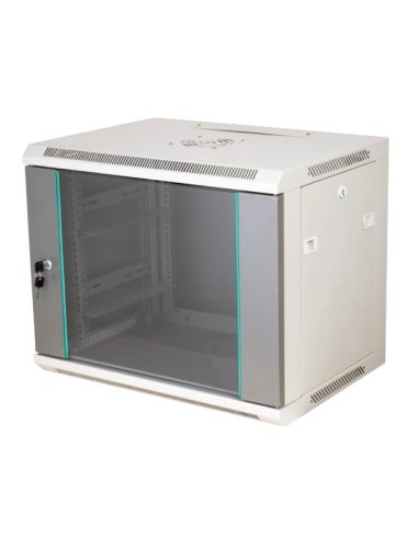Szafka rack wisząca 19" 12U 600x450, niedzielona, drzwi szklane jednoskrzydłowe, tył osłona pełna, osłony boczne zamykane na klu