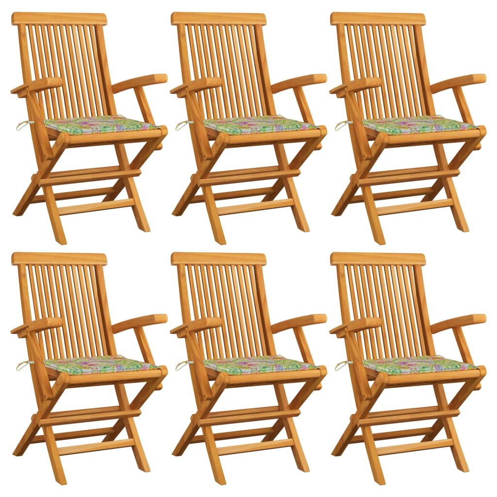 Krzesła ogrodowe z poduszkami we wzór w liście, 6 szt., tekowe