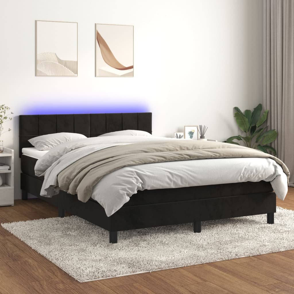 Łóżko kontynentalne z materacem i LED, czarny aksamit 140x200cm Lumarko