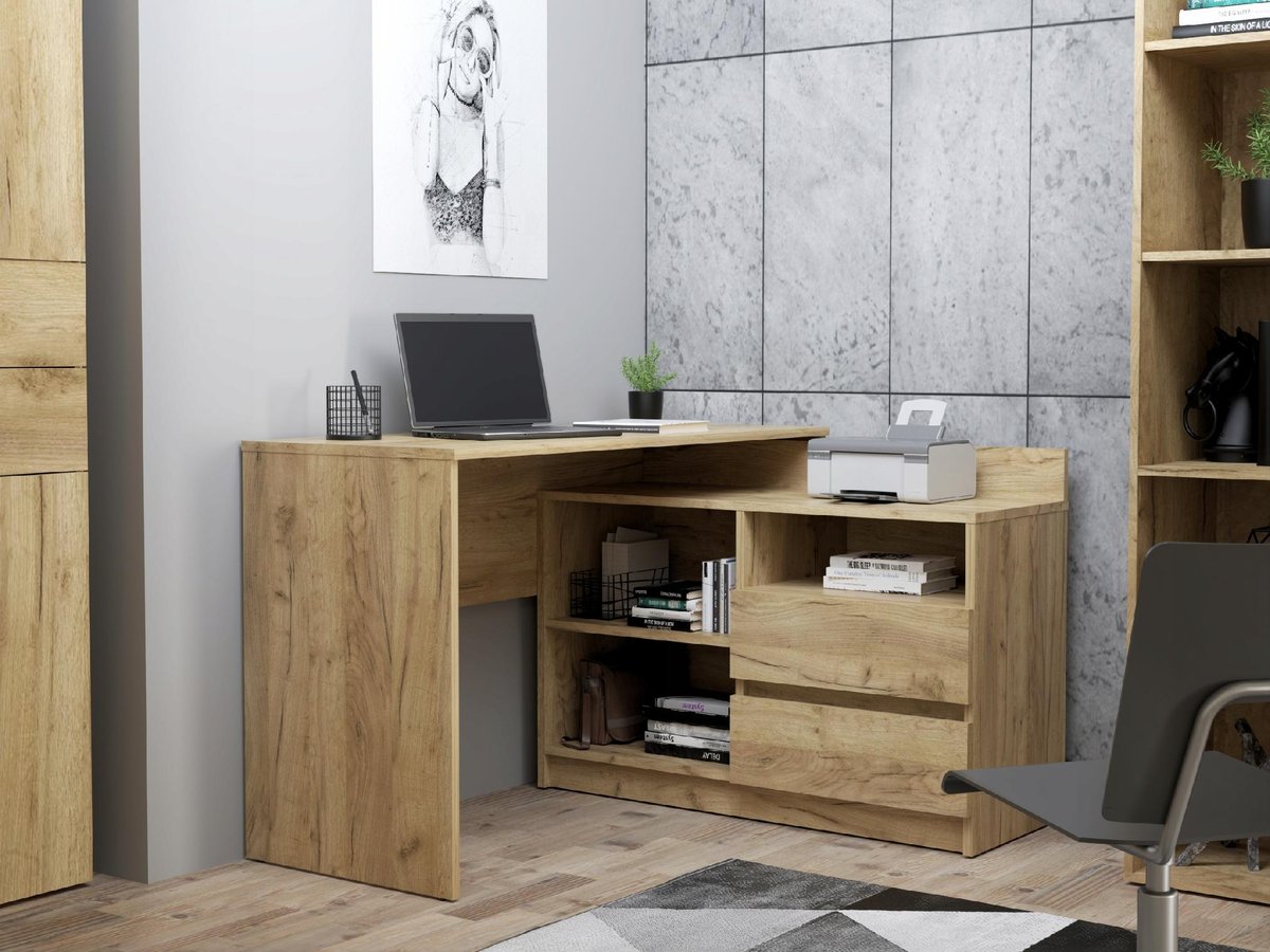 Biurko narożne białe komputerowe Delta szuflady dąb craft